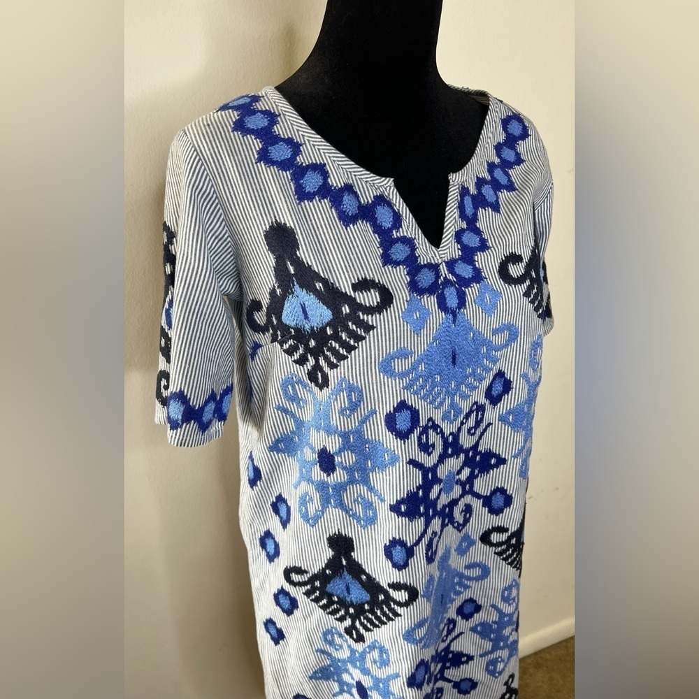 Rose and Rose preppy resort wear embroidered pinstriped tunic dress blue XS EUC - Picture 5 of 10